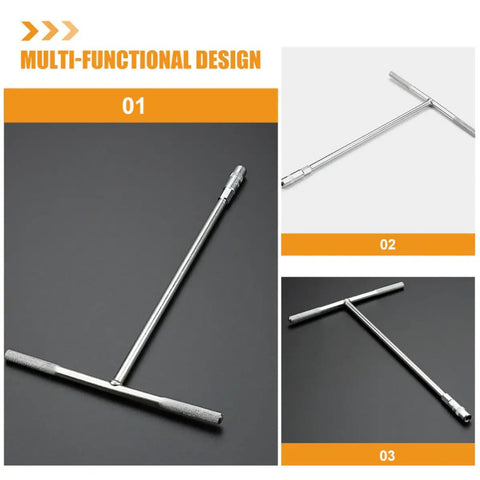 A Real Deal T Handle Socket Wrench Kit With Deep Socket Bore For Heavy Duty Mechanical Maintenance And Quick Garage Fixes That Kick Ass Under Rigorous Daily Shop Conditions. Multi-functional stainless steel T-handle design.