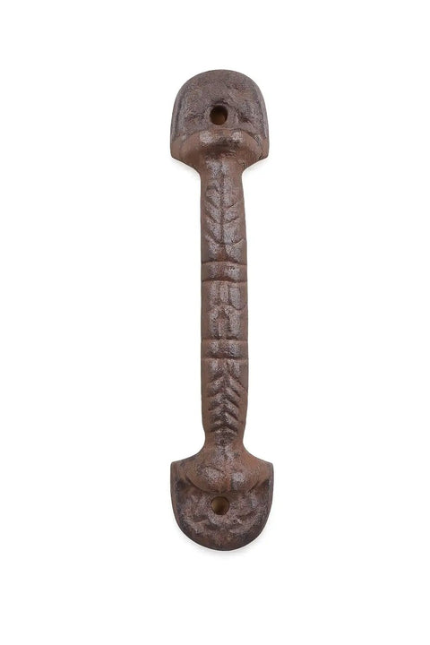 Hella Sturdy Cast Iron Drawer Pulls Set Of Ten Rustic Brown Cabinet Handles Measuring Five Half Inches Long With Four Quarter Inch Spacing For Home Renovations And Furniture Fixes, single brown handle on white background.