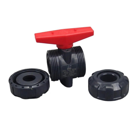 Rock Solid PVC Ball Valve Union Connector With Smooth Water Flow And Heavy Duty Seals For No Fuss Plumbing Mods And Hose Line Repairs For Everyday Home Upgrades, featuring red handle and black fittings.