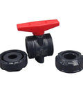 Tough As Nails Pvc Ball Valve Union Connector For Home Water Feeds And Garage Hoses with red handle and threaded ends.