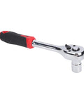 Three Eighths Inch Socket Set, Sixty-Four Piece Ratchet Wrench Kit With 72-Tooth Ratchet And Bit Driver, chrome ratchet handle close-up.