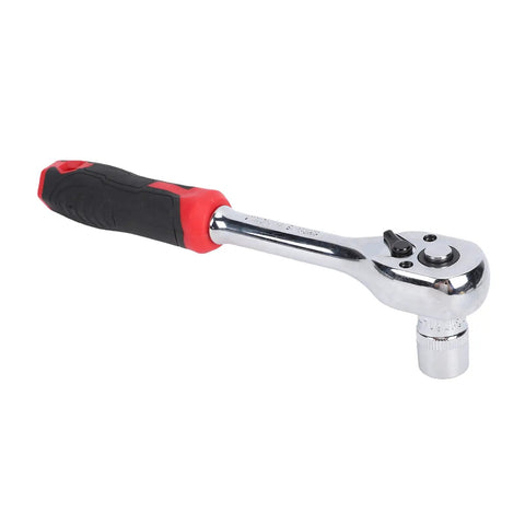 Three Eighths Inch Socket Set, Sixty-Four Piece Ratchet Wrench Kit With 72-Tooth Ratchet And Bit Driver, chrome ratchet handle close-up.