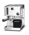 Grindenstein Espresso Knock Box placed under espresso machine for compact storage and quick grind dumps in cafes and home bars.