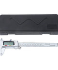 Digital Vernier Caliper with Large LCD Display next to its black storage case, showcasing stainless steel material.