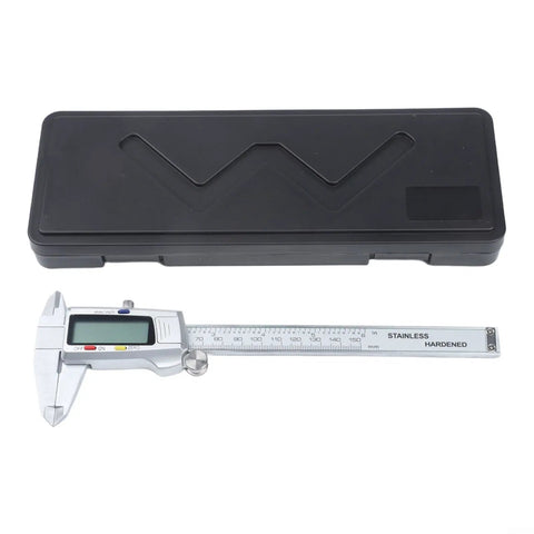 Digital Vernier Caliper with Large LCD Display next to its black storage case, showcasing stainless steel material.
