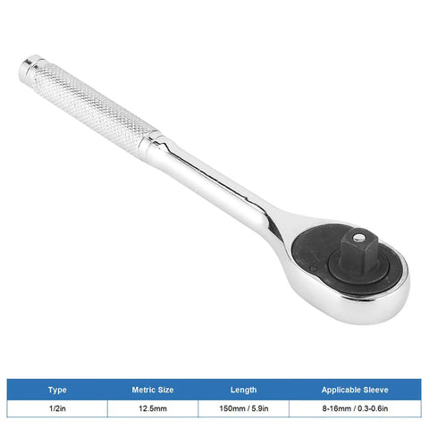 Top Shelf Adjustable Ratchet Wrench Half Size Drive With Sturdy Arrow Storage Case Heavy Duty Steel Spanner Tool For Tough Auto Jobs view of chrome wrench with knurled grip.