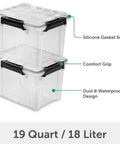 3 Pack 19 Quart Waterproof Storage Bins IP68 Clear Plastic Totes With Gasket Sealed Lids stacked with comfort grip latches.