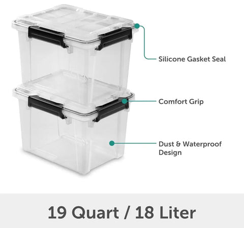 3 Pack 19 Quart Waterproof Storage Bins IP68 Clear Plastic Totes With Gasket Sealed Lids stacked with comfort grip latches.