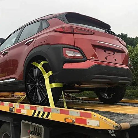 Super Tough Tow Dolly Basket Wheel Straps Lock Down Your Ride Like A Boss For 15 To 19 In Tires Beefy 10000 Pound Working Capacity Heavy Duty Nylon Car Transport Setup securing a red SUV on a tow dolly.