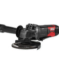 Plug And Play Angle Grinder With Ripping 8 Amp Motor And 5 Inch Cutting Disc For Knockout Performance Featuring No Fuss Guard Adjustments And Solid Side Handle Control, shown in detail with side handle.