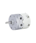 Heavy Duty Air Powered Rotary Actuator Swing Cylinder showing silver and white finish with output shaft for robust automation tasks.