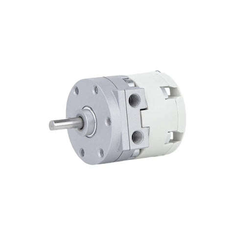 Heavy Duty Air Powered Rotary Actuator Swing Cylinder showing silver and white finish with output shaft for robust automation tasks.