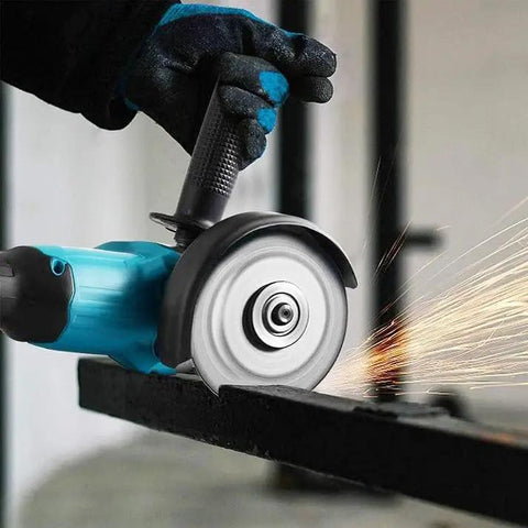 Rock Solid Electric Angle Grinder Tearing Through Metal And Wood With Knockout Torque And Adjustable Safety Guard, cutting steel.