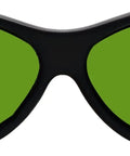 Pro Grade Laser Safety Glasses With Heavy Duty Polycarbonate Lenses And Badass Odds Eight Plus Shielding For UV And Infrared Hazards, green lenses in black frame.