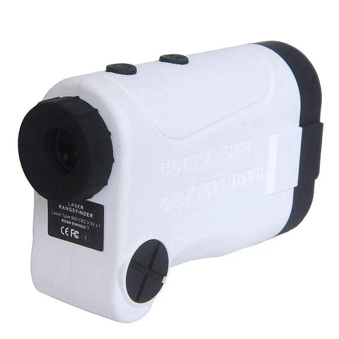 Heavy Duty Binocular Rangefinder With Built In Slope Correction Mode And Laser Distance Meter Delivers Dead Nuts Accurate Yardages Out To Six Hundred Meters For Archers And Hunters Featuring Quick Pinhole Sensors Plus Six Power Optics, side view showing white and black design.