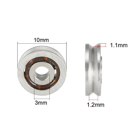 Rock-Solid 623VV V-Groove Ball Bearings at 3X10X3MM size with smooth surface designed for guide pulley and wheel uses.