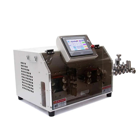 Automatic Multi Conductor Cable Cutting And Stripping Machine Featuring Programmable LCD Panels with stainless steel design and control panel.