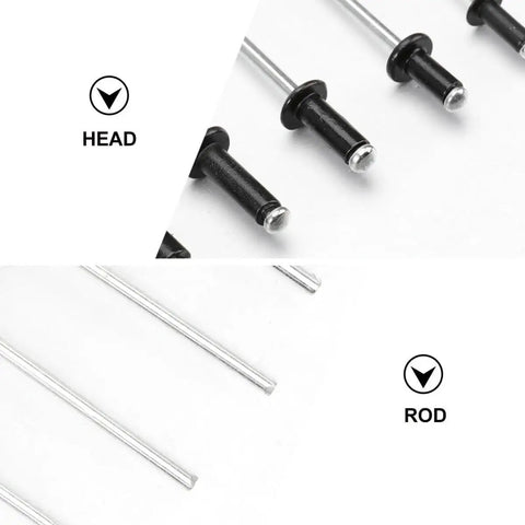 Black Aluminum Blind Rivets Kit 120 Pcs M2.4 M3.2 M4 With Standard Head For Easy Riveting in various project angles.