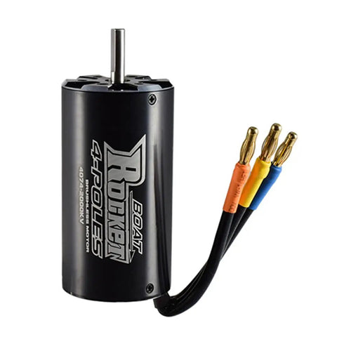 Top Shelf 4074 Brushless Motor Paired With Water Cooling Jacket For Remote Boats with multi-colored connectors and durable construction.