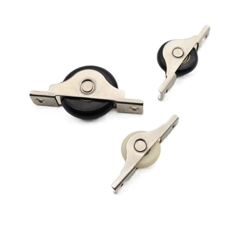 Straight Shooting Shower Door Rollers And Heavy Duty Sliding Track Wheels With Bulletproof Nylon Ball Bearings. Three rollers with metal brackets.