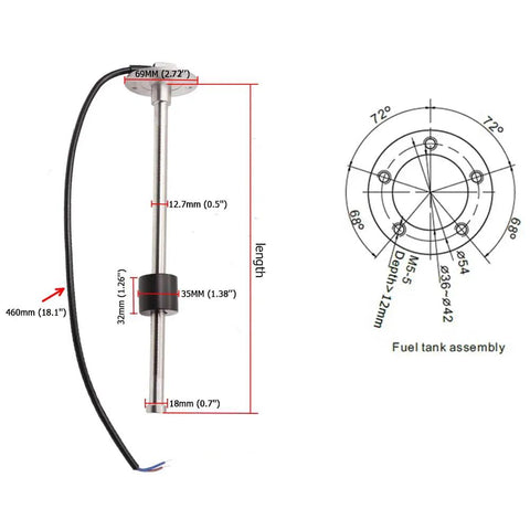 Beefy Heavy Duty 225 Millimeter Fuel Level Sending Unit with dimensions 460mm length and stainless steel details