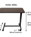 Rolling Overbed Table With Wheels for Bedside Sofa Recliner, adjustable height, walnut wood-grain top, weight limit 40 lbs
