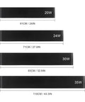 Dimensions and wattage of black LED wall sconces, featuring 20W, 24W, 30W, and 35W options. Super Stylish 24 Inch Matte Black LED Wall Sconce For Bathroom Vanity With Warm White 2700K Light And Modern Design That Delivers Long Lasting High Quality Performance.