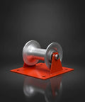 Heavy Duty Cable Guide Wheel With Ground Mount Steel Support Bracket And Slick Aluminum Pulley Roller on red metal base.