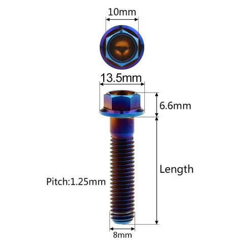 Badass Heavy Duty Titanium Flange Hex Bolts M8 Size 15mm Length For Custom Motorcycle Projects And Hard Core Bike Maintenance Rainbow Coated Screws Pack Of Five, showing dimensions and design.