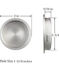Four Piece Round Recessed Finger Pull Handles For Closet Doors And Cabinet Upgrades Featuring Satin Nickel Finish, 2 inch diameter.