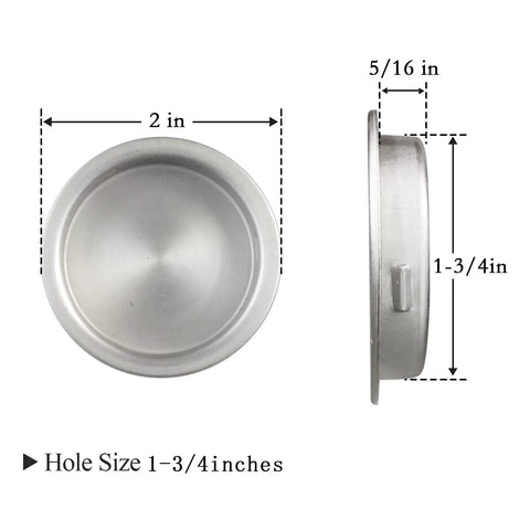 Four Piece Round Recessed Finger Pull Handles For Closet Doors And Cabinet Upgrades Featuring Satin Nickel Finish, 2 inch diameter.