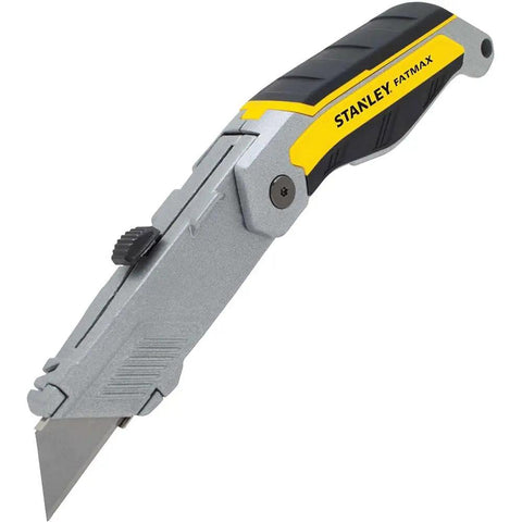 Heavy Duty Folding Utility Knife With ExoChange Fast Blade Swap and a Knockout Soft Touch Grip, gray and black design.