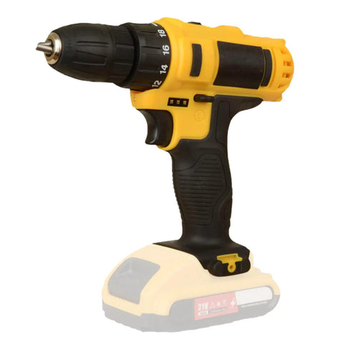 Heavy Duty Cordless Drill And Electric Screwdriver With High Torque Brushed Motor And Slick Keyless Chuck in a black and yellow design.