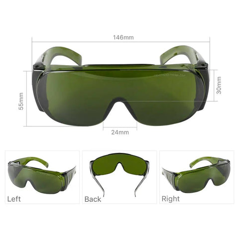 Top Shelf Fiber Laser Eye Protection Glasses With 1064Nm Coverage And OD Six Plus view from front, displaying large green lenses, suitable for laser safety.