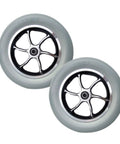 Plug And Play 10 Inch Solid Rubber Tires For Electric Wheelchairs With Aluminum Hubs And Grippy Tread That Rolls Smooth For Heavy Duty Mobility Scooters And Hospital Stretcher Two Pack Gray showing two gray rubber tires with black aluminum hubs.