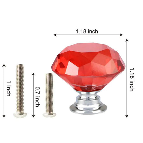 Top Shelf Red Diamond Cut Crystal Glass Cabinet Knobs Slick 30mm Drawer Pull Handles With Shiny Chrome Base And Mounting Screws displayed with screws.