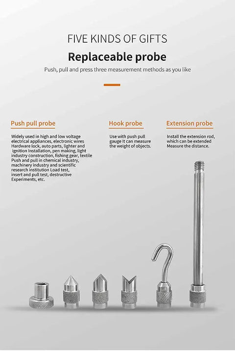 Five types of replaceable probes for Heavy Duty Digital Force Gauge High Precision Push Pull Tester 200N Dynamometer.
