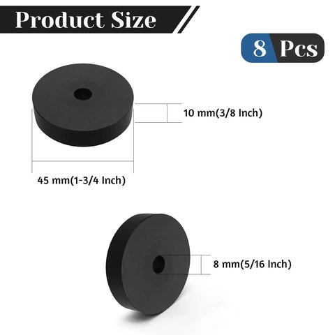 Rock Solid Eight Piece Heavy Duty Black Rubber Spacers And Multi Purpose Cushion Washers size comparison, showcasing dimensions 45mm and 8mm.