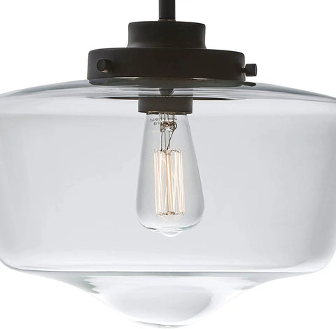 Black Finish Pendant Light With Clear Glass Shade 1 Light Fixture Includes 60W Bulb Easy Connect Installation close-up view.