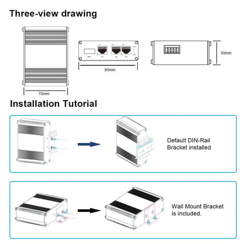 Diagram of 40-Unit Industrial Gigabit 3-Port Ethernet Switch installation with dimensions and mounting options, including DIN-rail and wall mount.