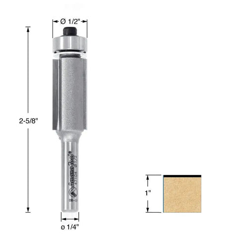 Flush Trim Router Bit One Half Inch Diameter, One Inch Cutting Height, One Quarter Inch Shank, Two Flute Carbide Tipped For Laminate Work
