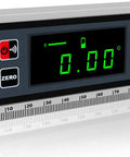 Top Shelf Digital Angle Finder Protractor Offering Dead On Precision Zero To 360 Degrees with digital display and mm ruler.