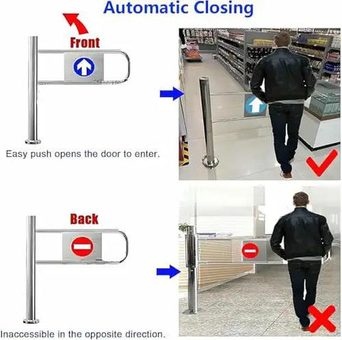 Heavy Duty One Way Swing Gate Automatic Spring Loaded Rebound Rugged Security For Supermarkets And Warehouses showing front and back access.