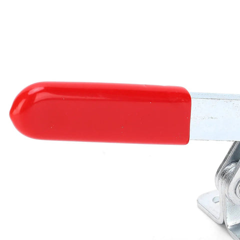 Toggle Hold Down Clamp With Quick Lock GH 201C Fixture For Welding And Woodworking Bench Jig Setup Beefy 182kg Holding Force Rust Resistant Heavy Duty Clamp Tool Set Of 2 red handle close-up