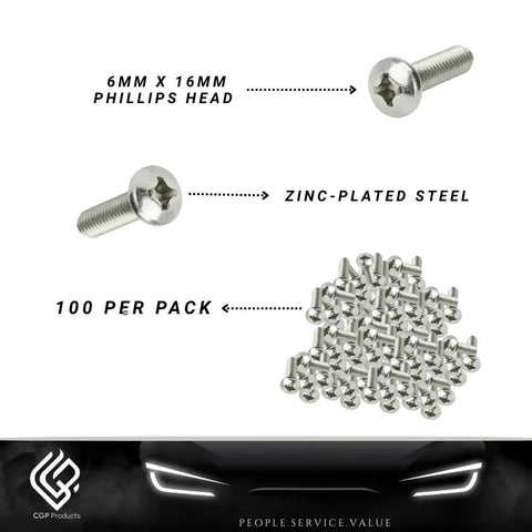 License Plate Screws Metric Phillips Head Zinc Plated Steel 100 Per Box shown with size and material details.