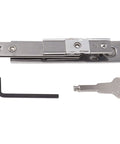 Casement window hinge, stainless steel friction stay with ventilation limiter; front view with an Allen key and a key