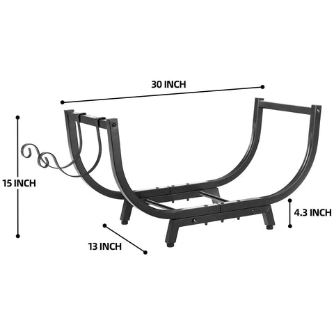 30-Inch Curved Firewood Rack, Heavy-Duty Steel Log Holder For Indoor And Outdoor Use, with dimensions and details shown