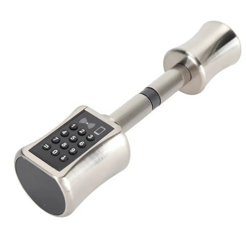 Keyless Smart Cylinder Lock Featuring Touchscreen Keypad And Smartphone App Access Night Bolt Security For Wood And Glass Doors No Sweat Emergency Power Backup, sleek design, metallic finish.