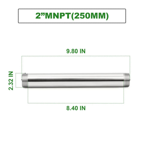 Stainless Steel Pipe Fittings 2 Inch NPT Male To 2 Inch NPT Male Nipple, 10 Inch Length, dimensions shown