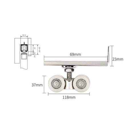 Heavy Duty Hella Durable Double Wheel Sliding Door Rollers Zinc Alloy Track Pulleys with dimensions 69mm x 23mm x 37mm.